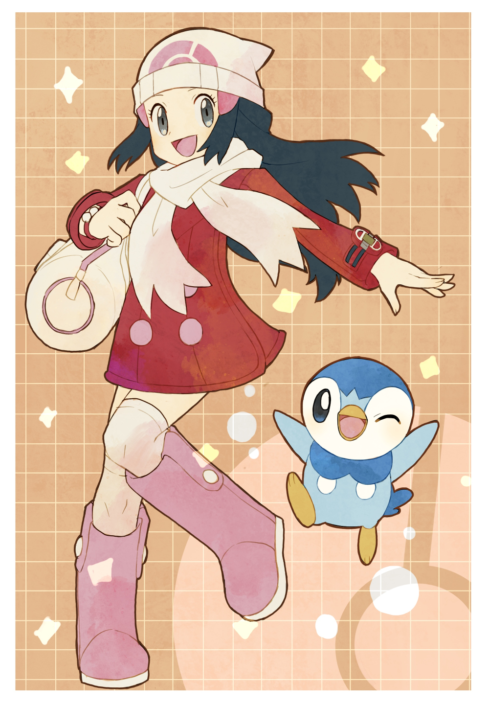 1girl :d bag beanie black_hair boots border coat commentary_request dawn_(pokemon) duffel_bag eyelashes gen_4_pokemon grey_eyes grid_background happy hat highres knee_boots long_hair long_sleeves nintendo open_mouth over-kneehighs piplup pokemon pokemon_(creature) pokemon_dppt pokemon_platinum red_coat scarf smile sparkle thighhighs tongue white_border yuu_(xemk3288)