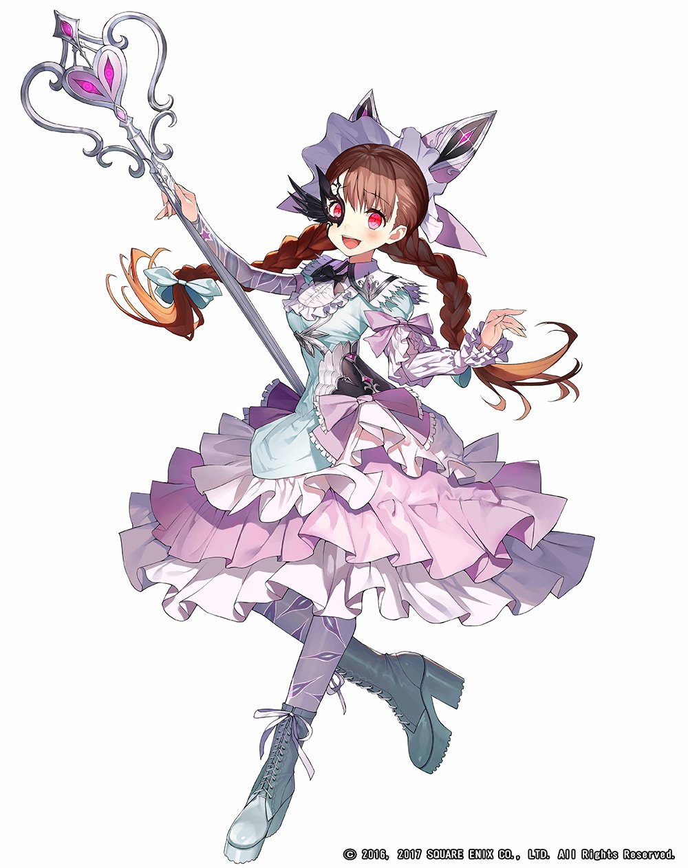 1girl boots braid breasts brown_hair chaos_dorothy_(grimms_notes) copyright_notice dress eye_mask frills full_body gaou_(umaiyo_puyoman) grimms_notes high_heel_boots high_heels highres holding holding_wand holding_weapon lace-up_boots long_hair official_art open_mouth pink_dress red_eyes simple_background smile solo teeth twin_braids upper_teeth_only wand weapon white_background
