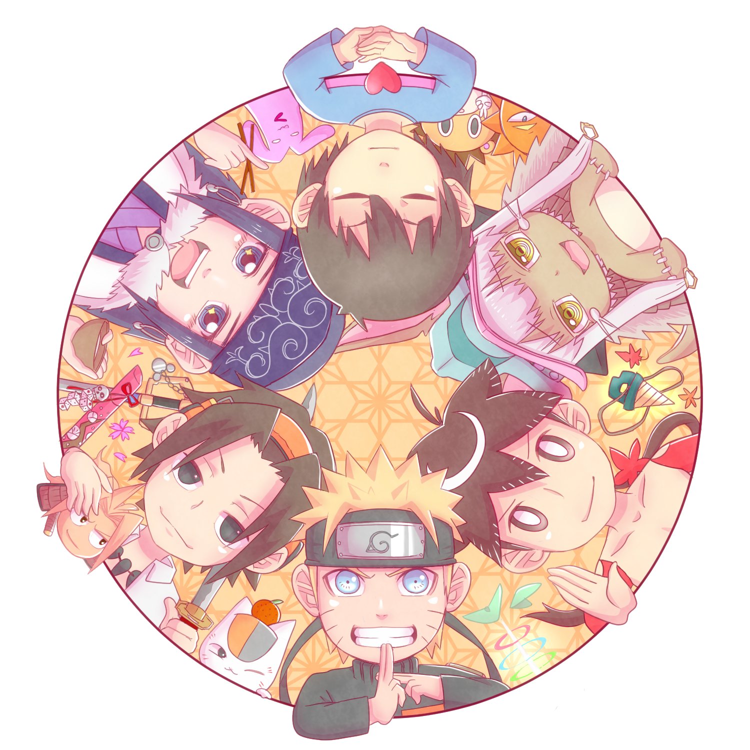 1girl 2others 3boys amidamaru asakura_yoh asirpa blonde_hair blue_eyes blue_shirt bobobo-bo_bo-bobo border closed_eyes commentary_request crossover don_patch drill eureka_seven eureka_seven_(series) frisk_(undertale) futatsu_no_spica golden_kamuy grin headband highres katanagatari keyblade kingdom_hearts leaf lion_(futatsu_no_spica) made_in_abyss maple_leaf marumer0_k multiple_boys multiple_others nanachi_(made_in_abyss) naruto_(series) natsume_yuujinchou nyanko-sensei open_mouth round_border shaman_king shirt short_hair smile spiked_hair sword tengen_toppa_gurren_lagann undertale uzumaki_naruto weapon white_border yasuri_shichika yellow_eyes