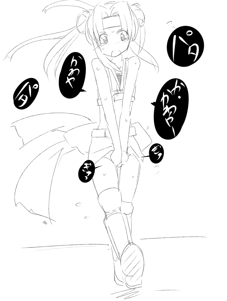 1girl back_bow bare_shoulders belt between_legs blush boots bow crop_top double_bun embarrassed female_focus flat_chest flying_sweatdrops full_body greyscale hair_bun hair_intakes hand_between_legs headband hide_yoshino japanese_text knee_boots long_hair looking_down midriff miniskirt monochrome nose_blush open_mouth own_hands_together panties pencil_skirt sengoku_otome shirt simple_background sketch skirt sleeveless sleeveless_shirt solo speech_bubble standing sweat t=k tears thighhighs translation_request underwear v_arms walking white_background wide-eyed