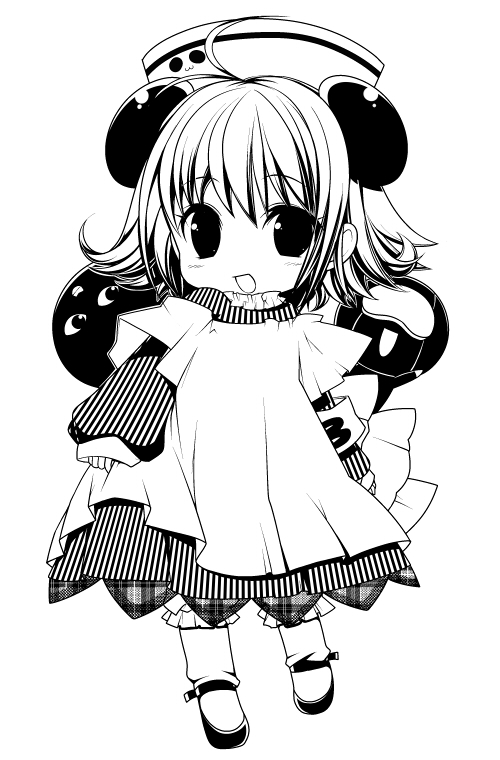 1girl :d animal_ears antenna_hair apron armband bloomers commentary_request di_gi_charat dress extra_ears flipped_hair full_body greyscale hat kosumo long_sleeves mary_janes medium_hair monochrome nazo_gema no_nose nurse_cap open_mouth panda_ears piyoko shoes skirt_hold smile solo standing striped_clothes striped_dress underwear