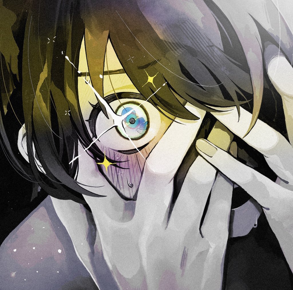 1girl amate_yuzuriha black_hair blue_eyes blush close-up commentary eye_reflection gundam gundam_gquuuuuux hands_on_own_face open_mouth reflection short_hair shuji_ito sparkle sweatdrop wide-eyed yet_saredo