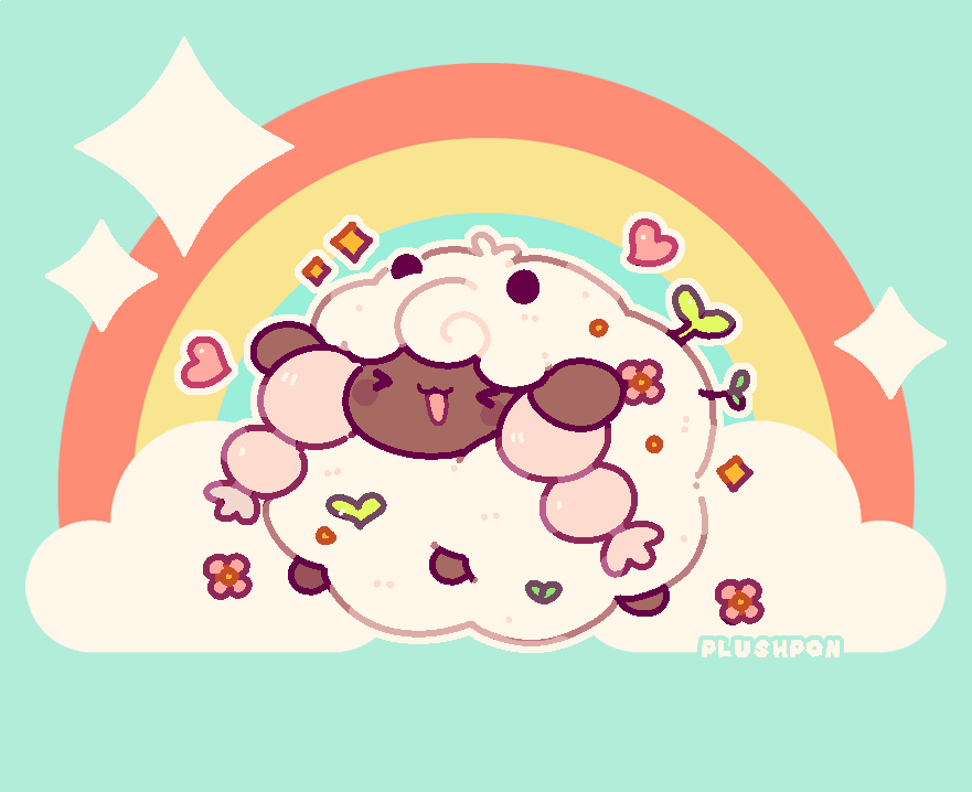 &gt;_&lt; animal_focus artist_name chibi chibi_only cloud commentary english_commentary flower gen_8_pokemon heart jaltoid leaf nintendo no_humans open_mouth pokemon pokemon_(creature) rainbow sheep solo wooloo