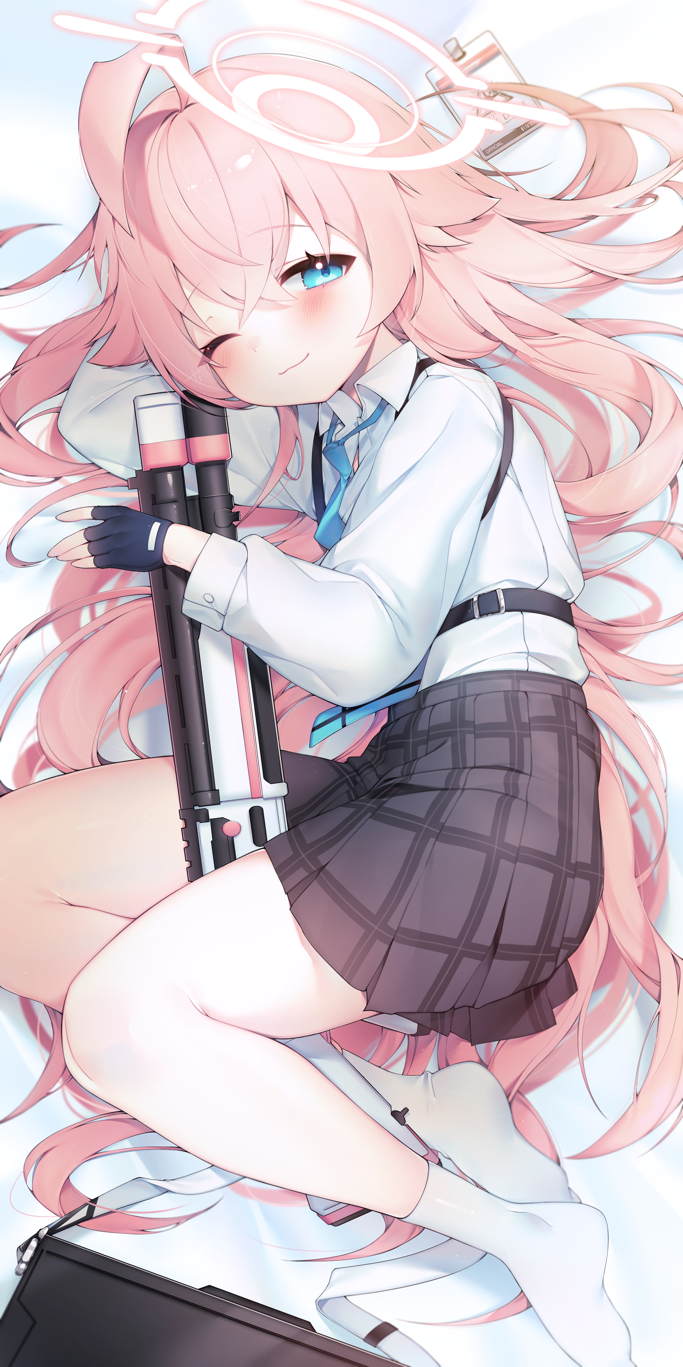 1girl absurdres ahoge black_skirt blue_archive blue_eyes blue_gloves blue_necktie blush closed_mouth collared_shirt fingerless_gloves gloves gun halo highres hoshino_(blue_archive) hugging_object long_hair looking_at_viewer lying necktie on_side one_eye_closed pink_hair plaid_clothes plaid_skirt pleated_skirt sen_light shirt shotgun skirt smile socks solo suitcase very_long_hair weapon white_shirt white_socks