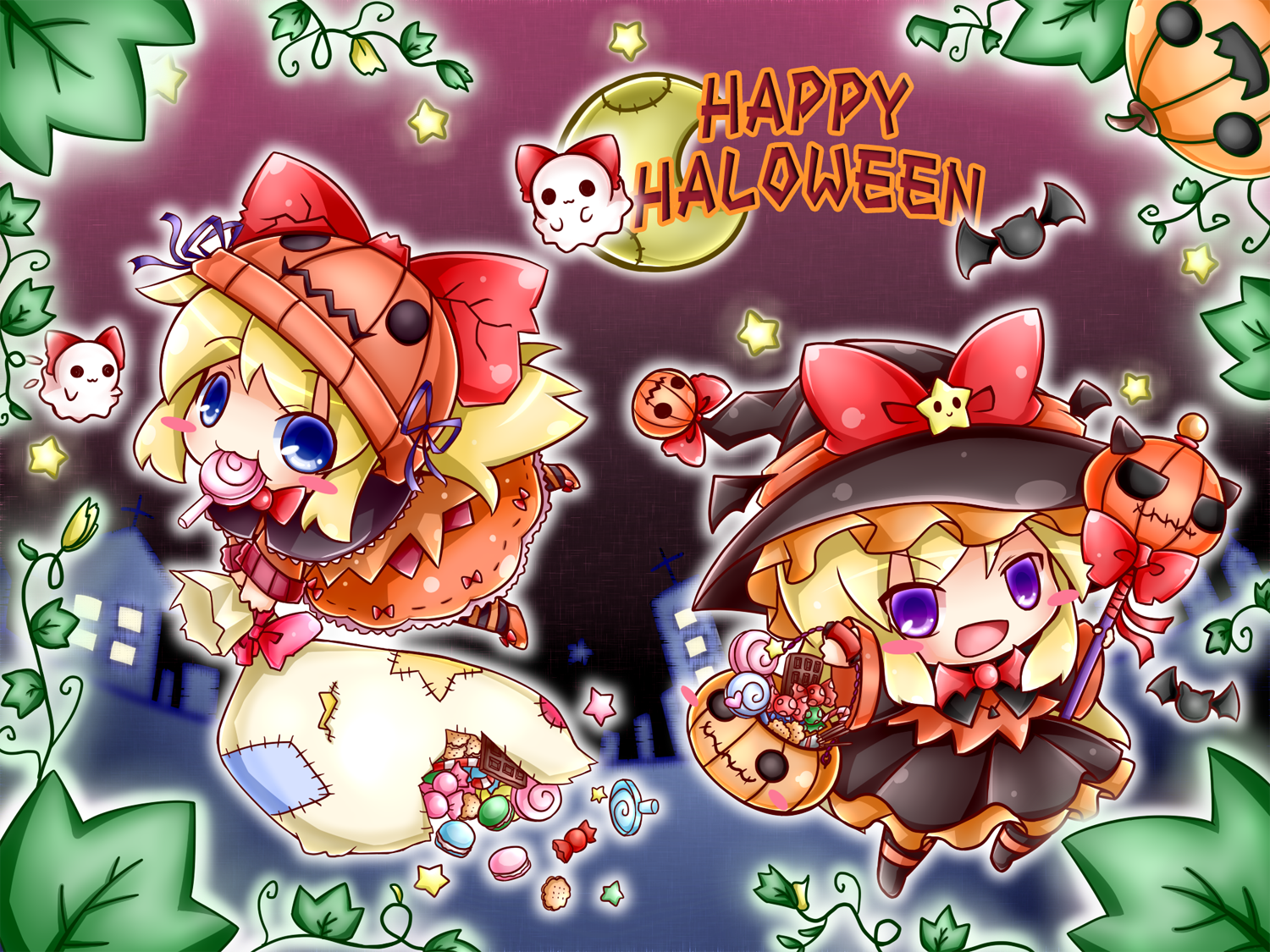 2girls alternate_costume bat_(animal) blonde_hair blue_eyes bow candy chibi eating food ghost halloween halloween_costume hat hourai_doll jack-o&#039;-lantern lollipop long_hair moon multiple_girls night open_mouth plant pumpkin purple_eyes ritateo sack shanghai_doll smile star_(symbol) touhou vines wand
