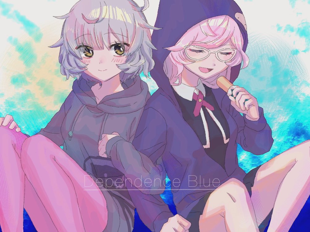 2girls 5p_final ahoge alternate_eyewear aqua_background arm_at_side arm_hug black_dress black_jacket blue_background blue_hoodie blunt_bangs blush bolo_tie closed_eyes collared_dress cropped_jacket cross_tie daito_academy_school_uniform dot_nose dress english_text facing_down feet_out_of_frame food grey_hair grey_hoodie hand_on_own_knee holding holding_food hood hood_down hood_up hoodie jacket kazari_jun long_hoodie long_sleeves looking_at_viewer magia_record:_mahou_shoujo_madoka_magica_gaiden mahou_shoujo_madoka_magica messy_hair miwa_mitsune multicolored_background multiple_girls necktie no_socks open_mouth orange_eyes pantyhose pink_hair pink_legwear print_hoodie red_necktie school_uniform short_dress short_hair sitting smile swept_bangs umaibou white-framed_eyewear white_background