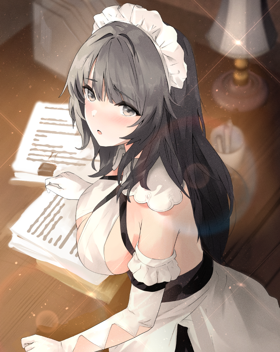 1girl azur_lane bii_bii_(bronzeii002) breasts charybdis_(azur_lane) desk_lamp dress elbow_gloves from_above gloves grey_hair indoors lamp large_breasts long_hair maid maid_headdress paper solo table white_dress white_gloves