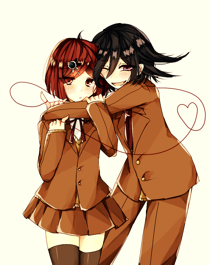 1boy 1girl arms_around_neck black_hair black_thighhighs blush brown_jacket brown_pants brown_skirt buttons collared_shirt commentary_request danganronpa_(series) danganronpa_v3:_killing_harmony flipped_hair gem_hair_ornament gomabu_(rirurutennsi) hair_between_eyes hair_ornament head_hug hetero hope&#039;s_peak_academy_school_uniform hug jacket long_sleeves looking_at_viewer medium_hair neck_ribbon oma_kokichi one_eye_closed open_mouth pants partial_commentary pleated_skirt purple_eyes red_eyes red_hair ribbon school_uniform shirt short_hair simple_background skirt smile string string_of_fate thighhighs white_background white_shirt yumeno_himiko