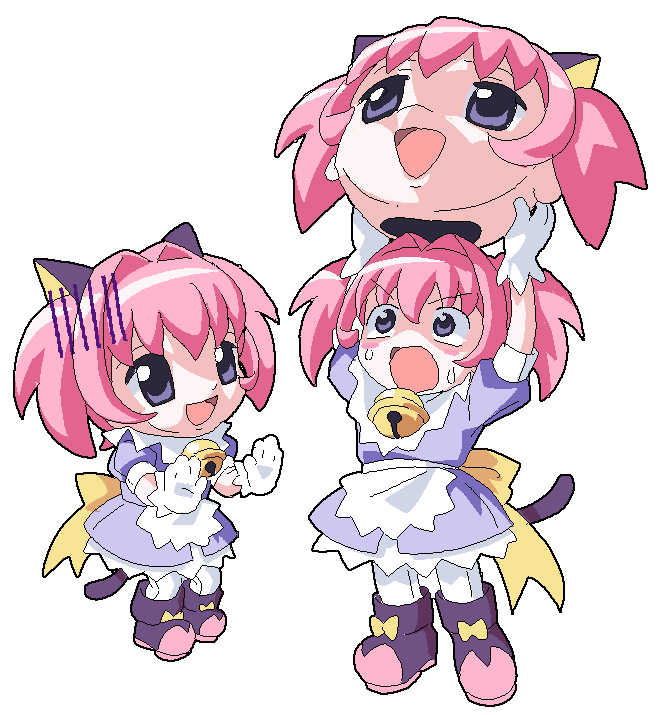 2000s_(style) 2girls angelic_kitty_miracle-chan animal_ears apron arms_up back_bow bell blush_stickers boots bow cat_tail colinarmis dress fake_animal_ears footwear_bow full_body gloom_(expression) gloves hair_intakes holding holding_mascot_head jingle_bell mascot_head miracle-chan multiple_girls neck_bell open_hands open_mouth pink_boots pink_hair pixel_art puffy_short_sleeves puffy_sleeves purple_boots purple_dress purple_eyes short_sleeves short_twintails simple_background stop_(gesture) sweat tail twintails two-handed v-shaped_eyebrows waist_apron white_apron white_background white_gloves yellow_bow