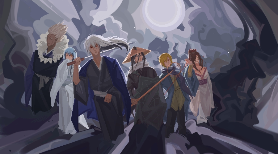 2girls 4boys blonde_hair blue_hair breasts character_request cleavage dark_skin dark-skinned_male fnamingoo grey_background hat holding holding_weapon japanese_clothes kimono long_sleeves moon multiple_boys multiple_girls nura_rikuo nurarihyon_no_mago outdoors red_eyes rice_hat scarf spiked_hair standing weapon wide_sleeves yuki_onna_(nurarihyon_no_mago)