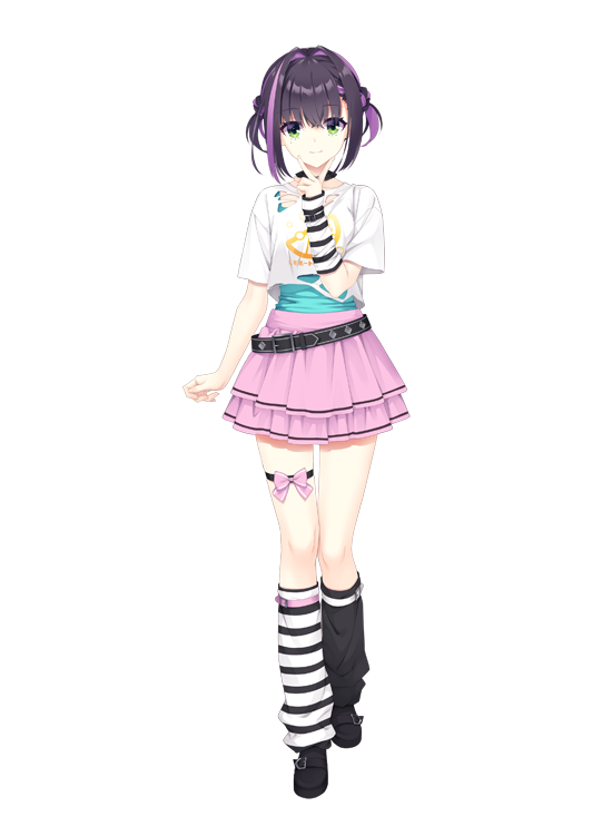 1girl asymmetrical_legwear belt black_leg_warmers black_shoes brown_hair closed_mouth full_body green_eyes kobuichi leg_warmers limelight_lemonade_jam looking_at_viewer loose_belt mismatched_legwear multicolored_hair nabari_anju official_art pink_skirt purple_hair shirt shoes short_sleeves skirt smile solo streaked_hair striped_leg_warmers tachi-e thigh_strap transparent_background two-tone_hair white_leg_warmers white_shirt yuzu-soft