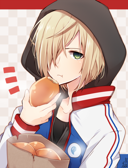 10s 1boy :t bad_id bad_pixiv_id bag blonde_hair checkered_background eating food green_eyes hair_over_one_eye hood hoodie jacket male_focus omuretsu paper_bag pirozhki track_jacket yuri!!!_on_ice yuri_plisetsky