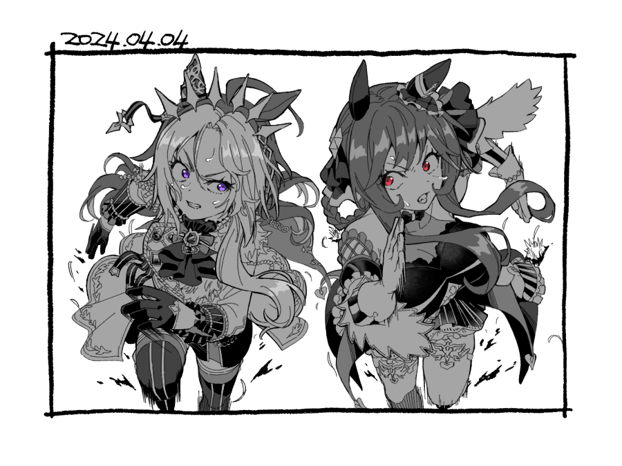 2girls ahoge animal_ears ascot bare_shoulders border breasts brooch clenched_teeth coat dated detached_sleeves dress ear_covers feet_out_of_frame gentildonna_(umamusume) gloves greyscale hair_rings horse_ears jewelry long_hair medium_breasts monochrome multiple_girls okachi orfevre_(umamusume) purple_eyes red_eyes running_towards_viewer sleeveless sleeveless_dress small_breasts spot_color sweat teeth thighhighs umamusume
