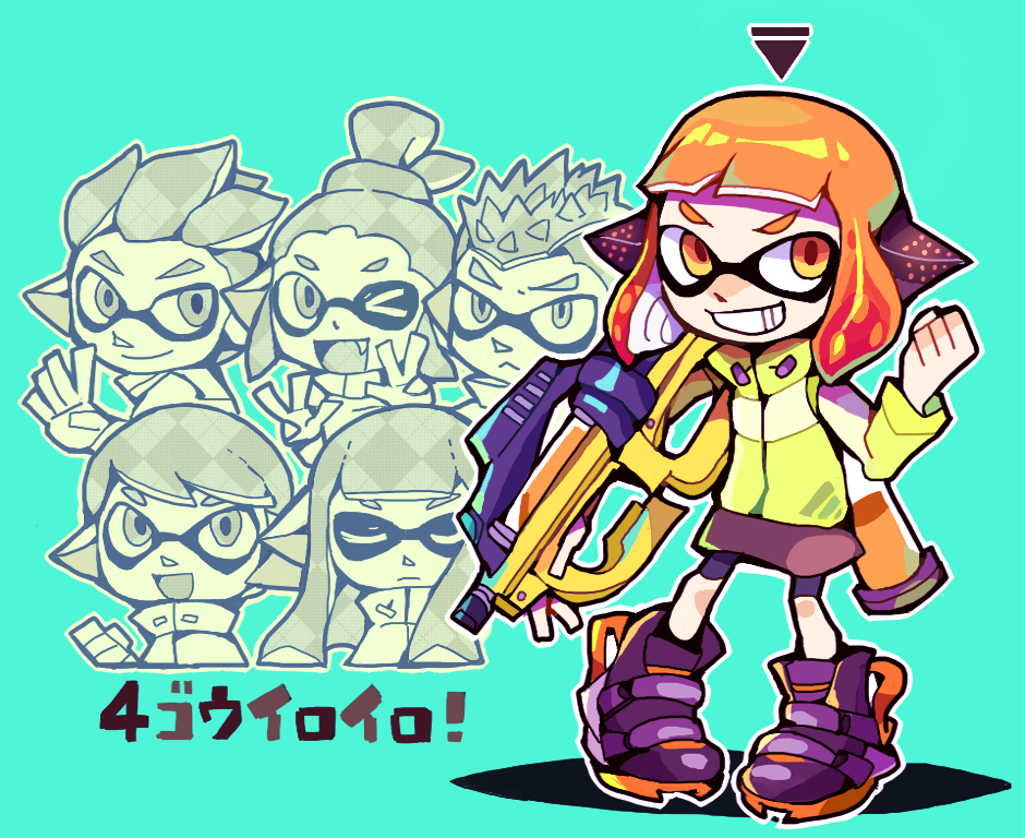 3boys 3girls agent_4_(splatoon) behind-the-head_headphones bike_shorts black_footwear black_shorts blue_background brown_skirt clenched_hand commentary_request full_body green_jacket grin hand_up headphones hero_shot_(splatoon_2) holding holding_weapon ink_tank_(splatoon) inkling jacket long_sleeves looking_to_the_side multiple_boys multiple_girls nintendo orange_eyes orange_hair outline short_hair shorts shorts_under_skirt simple_background skirt smile solo_focus splatoon_(series) splatoon_2 standing suction_cups teijiro tentacle_hair translation_request v-shaped_eyebrows weapon white_outline