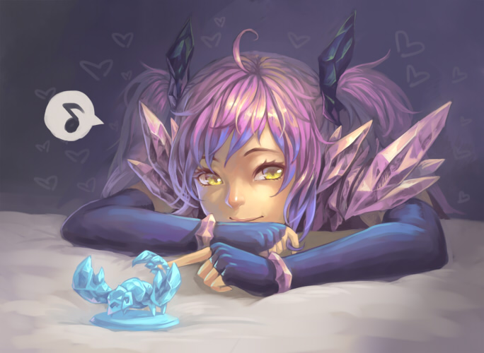 1girl ahoge arthropod_girl borrowed_character bracelet closed_mouth crystal elbow_gloves female_focus figure fingerless_gloves gloves hair_ornament jewelry league_of_legends long_hair looking_at_viewer music musical_note personification pink_hair scorpion scotishfold skarner smile solo speech_bubble twintails yellow_eyes