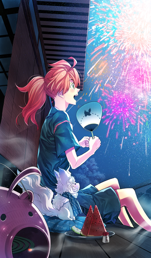 1boy ahoge blue_kimono commentary creature fate/grand_order fate_(series) fireworks food fou_(fate) from_side fruit hair_between_eyes hand_fan holding holding_fan incense_burner japanese_clothes kimono long_hair male_focus night night_sky official_art open_mouth orange_hair outdoors paper_fan plate ponytail romani_archaman sitting sky smoke smoke_trail solo suzuki_jirou third-party_source uchiwa watermelon watermelon_slice yukata