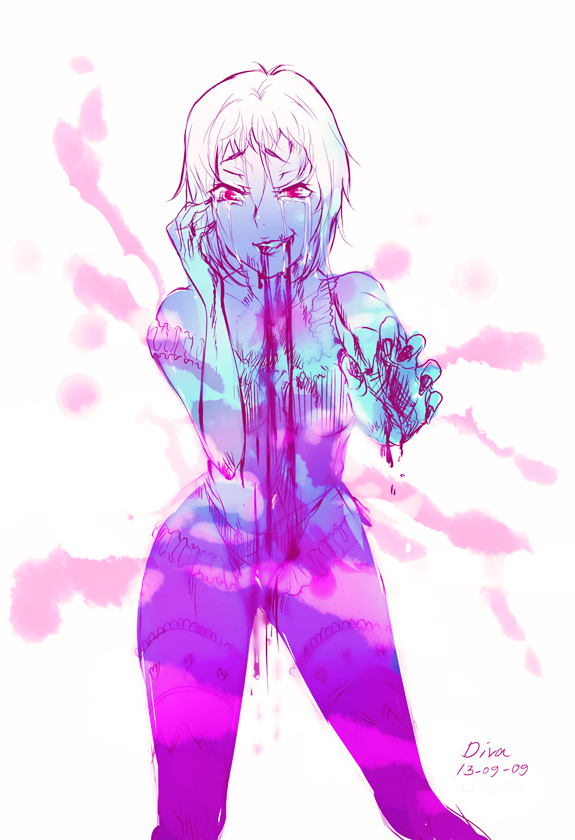 1girl 428 428:_fuusa_sareta_shibuya_de artist_name bleeding blood bra canaan_(series) chunsoft crying dated female_focus liang_qi lilaccu lingerie looking_at_viewer nail_polish outstretched_hand short_hair signature smile solo spoilers spot_color tears thighhighs underwear
