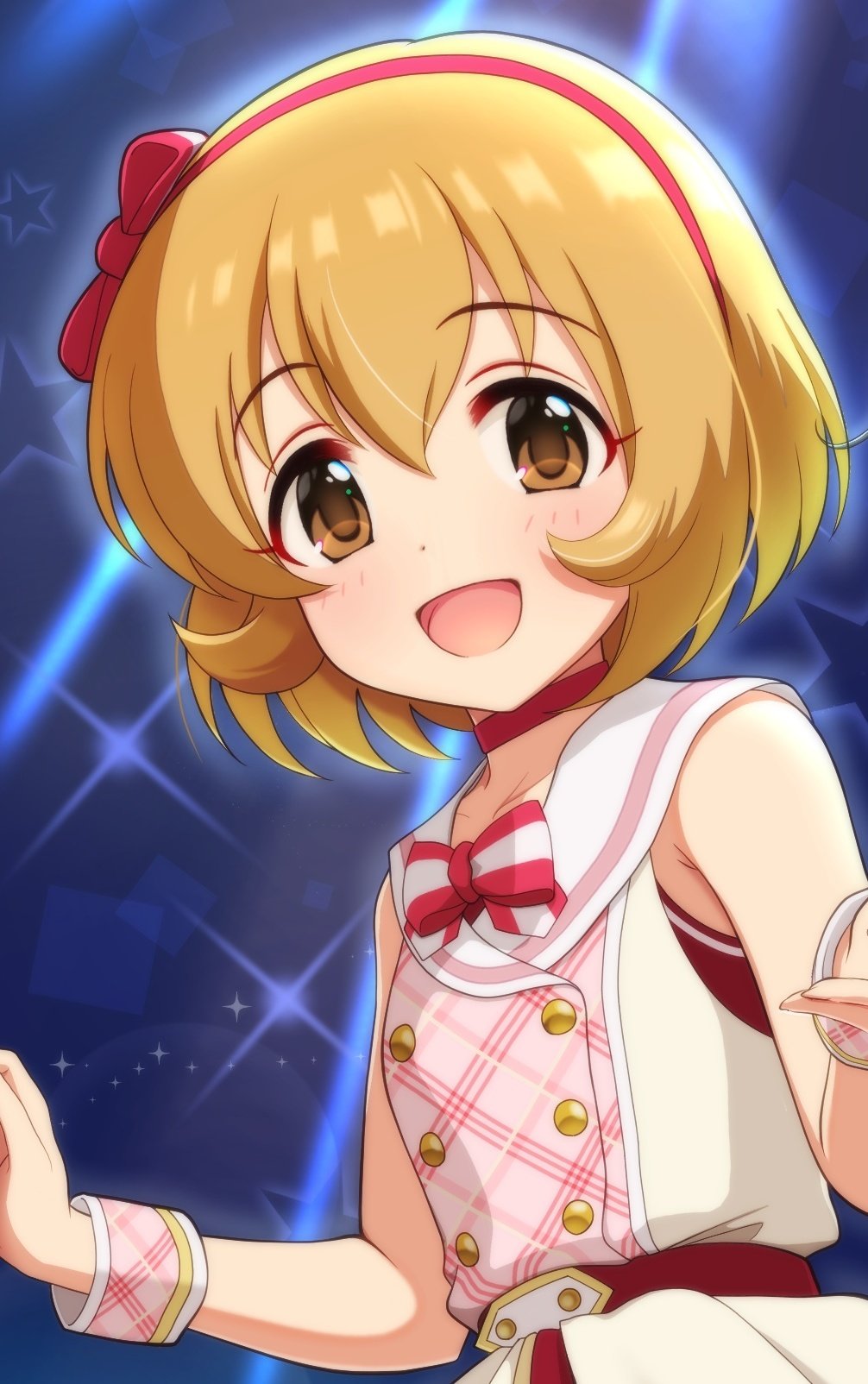 1girl armpit_crease bare_shoulders belt belt_buckle birthday blonde_hair blush bob_cut bow bowtie brown_eyes buckle buttons child choker collarbone commentary_request concert dot_nose dress fingernails hair_between_eyes hairband hands_up highres idol idol_clothes idolmaster idolmaster_cinderella_girls idolmaster_cinderella_girls_u149 indoors kirinp_u149 koga_koharu lens_flare looking_at_viewer looking_to_the_side multicolored_bow multicolored_bowtie multicolored_dress official_alternate_costume open_mouth outstretched_arms plaid_clothes plaid_dress plaid_wrist_cuffs red_belt red_bow red_choker red_hairband short_hair sidelocks sleeveless sleeveless_dress smile solo sparkle spread_arms stage_lights standing star_(symbol) striped_bow striped_bowtie striped_clothes tongue turning_head upper_body white_bow wrist_cuffs