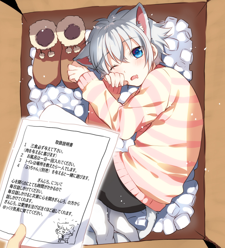 1boy 1other animal_ears bike_shorts black_shorts blue_eyes box cardboard_box cat_boy cat_ears cat_tail commentary_request contract fang from_above ginjiro_(ginziro525) ginjiro_(vtuber) grey_hair grey_tail hair_between_eyes hand_on_own_cheek hand_on_own_face in_box in_container indie_virtual_youtuber long_sleeves looking_at_viewer looking_to_the_side looking_up male_focus messy_hair mixed-language_commentary one_eye_closed open_mouth original out_of_frame packing_peanuts shirt shoes short_hair shorts skin_fang solo_focus striped_clothes striped_shirt tail thighhighs translation_request trap unworn_shoes virtual_youtuber white_legwear