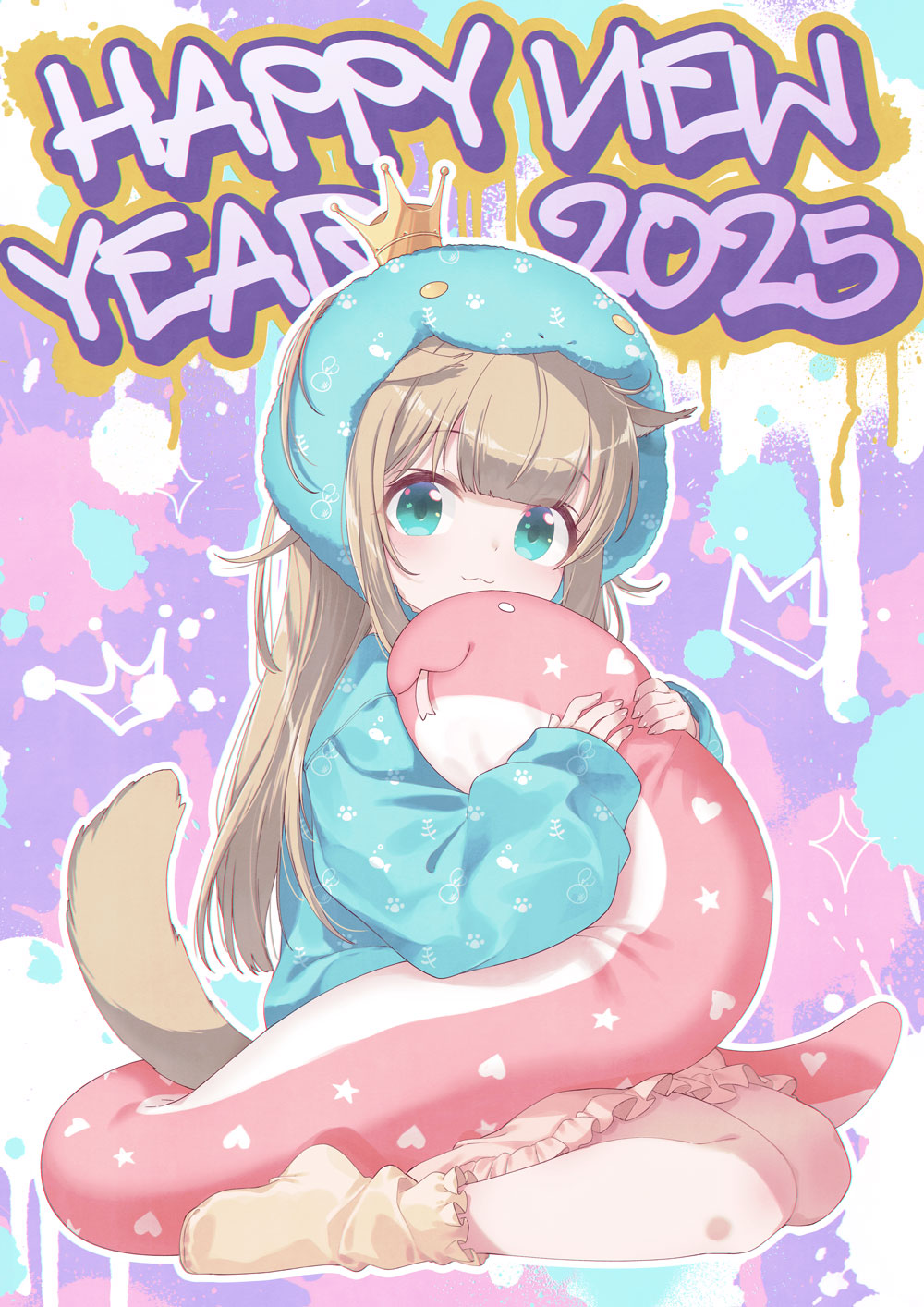 1girl 2025 40hara animal_ears blue_eyes blue_hoodie blush brown_hair brown_skirt brown_socks cat_ears cat_girl cat_tail chinese_zodiac commentary_request frilled_skirt frills full_body happy_new_year highres hood hood_up hoodie hugging_object kinako_(40hara) long_hair long_sleeves new_year no_shoes original puffy_long_sleeves puffy_sleeves sitting skirt sleeves_past_wrists snake_hood socks solo stuffed_animal stuffed_snake stuffed_toy tail very_long_hair wariza year_of_the_snake
