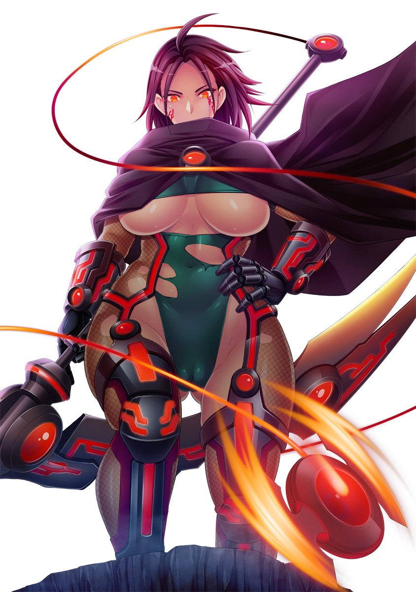 00s 1girl bodysuit breasts brown_hair butcha-u cameltoe covered_navel curvy eroquis! fat_mons female_focus gloves highres large_breasts looking_at_viewer partially_visible_vulva purple_hair red_line_(taimanin_asagi) scythe short_hair solo taimanin_(series) taimanin_asagi taimanin_asagi_kessen_arena underboob weapon wide_hips yellow_eyes