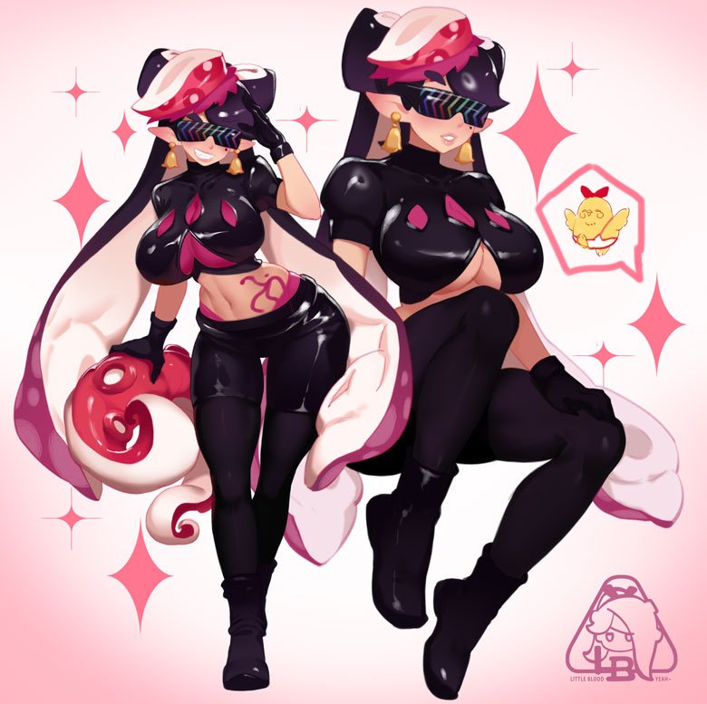ankle_boots artist_logo black_gloves black_hair black_shirt black_shorts boots bow bow-shaped_hair breasts callie_(octo_idol_outfit)_(splatoon) callie_(splatoon) cowlick crop_top earrings fangs fish_(food) food food_on_head full_body gloves gold_earrings gradient_hair hat hypnoshades_(splatoon) jewelry large_breasts leaning_on_object leather little123blood logo long_hair long_pointy_ears midriff mole mole_under_eye multicolored_hair navel nintendo object_on_head octopus_sashimi octopus_sausage_earrings official_alternate_costume padded_shoulders pale_skin panties panty_straps pantyhose pink_panties pink_tattoo pointy_ears red_hat red_leaf red_shiso_leaf salute sashimi shiny_clothes shirt shoes short_shorts short_sleeves shorts simple_background sitting smile splatoon_(series) splatoon_2 spotted_hair standing stomach_tattoo suction_cups sunglasses swept_bangs tattoo tentacle_hair thick_eyebrows twintails two-tone_hair underboob underwear very_long_hair wide_hips