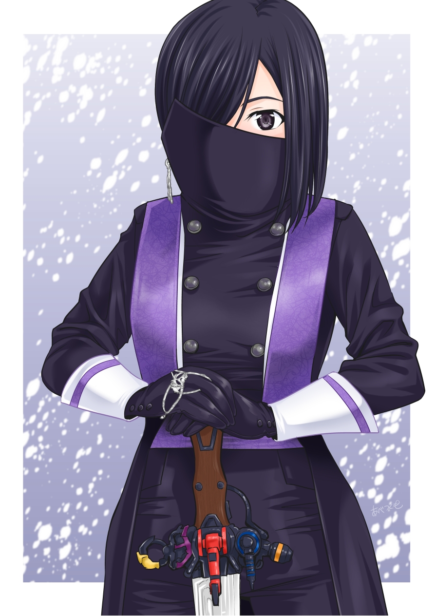 1girl abe_tsukumo black_hair cloak_covering_mouth grey_eyes highres holding holding_sword holding_weapon kanisuka_rita ohsama_sentai_king-ohger super_sentai sword weapon