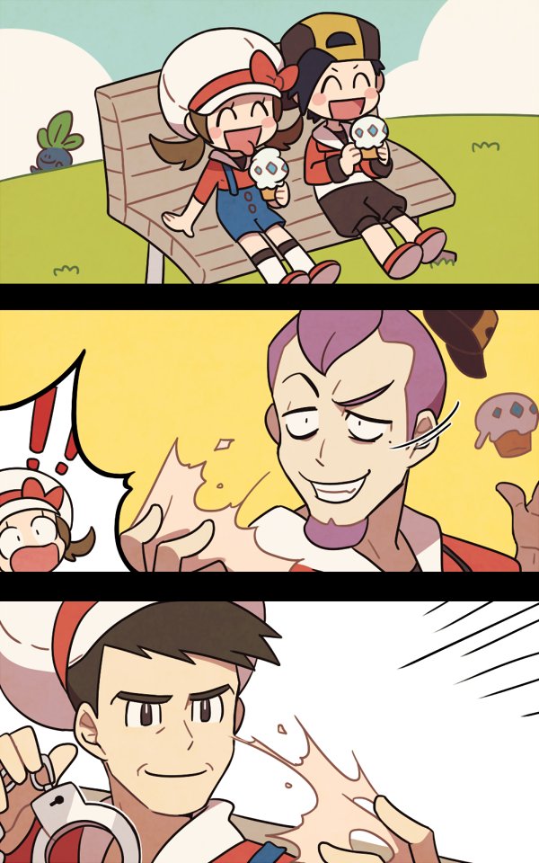 ! !! backwards_hat baseball_cap beard bench black_hair newsboy_cap casteliacone cuffs ethan_(pokemon) facial_hair food gen_1_pokemon handcuffs hat ice_cream looker_(pokemon) lyra_(pokemon) male_focus mole mole_under_eye nintendo oddish overalls petrel_(pokemon) pokemon pokemon_(creature) pokemon_dppt pokemon_hgss purple_hair sitting smile ssalbulre surprised team_rocket teeth twintails