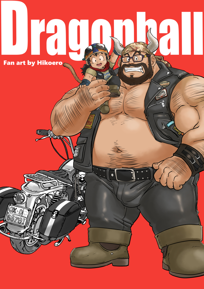 2boys alternate_body_hair alternate_costume arm_hair bara beard belt bulge chest_hair cigarette denim dragon_ball dragonball_z facial_hair full_body goggles goggles_on_head grandfather_and_grandson grin gyuu_mao hairy hikoero777 jeans large_pectorals leg_hair looking_at_viewer male_focus mature_male motor_vehicle motorcycle multiple_boys muscular muscular_male navel navel_hair pants pectorals raised_eyebrows sanpaku short_hair sitting_on_shoulder size_difference smile son_gohan standing stomach tail thick_eyebrows
