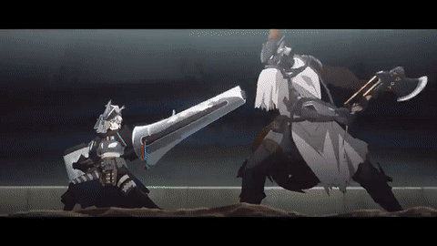 1boy 1girl animated animated_gif arknights ashlock_(arknights) explosion gunlance knight lowres shield