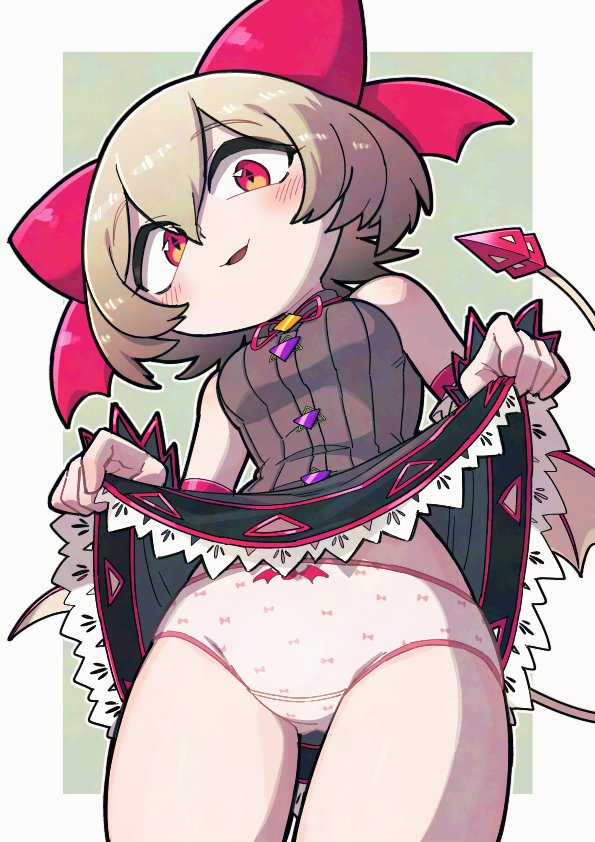 1girl blonde_hair blush bow chichibu_(watson) clothes_lift commission cowboy_shot demon_wings detached_sleeves diamond-shaped_pupils diamond_(shape) hair_bow head_tilt lifting_own_clothes open_mouth original panties print_panties red_bow red_eyes ribbed_shirt shirt short_hair skeb_commission skirt skirt_lift smile solo symbol-shaped_pupils tail thigh_gap thighs toggles underwear wings