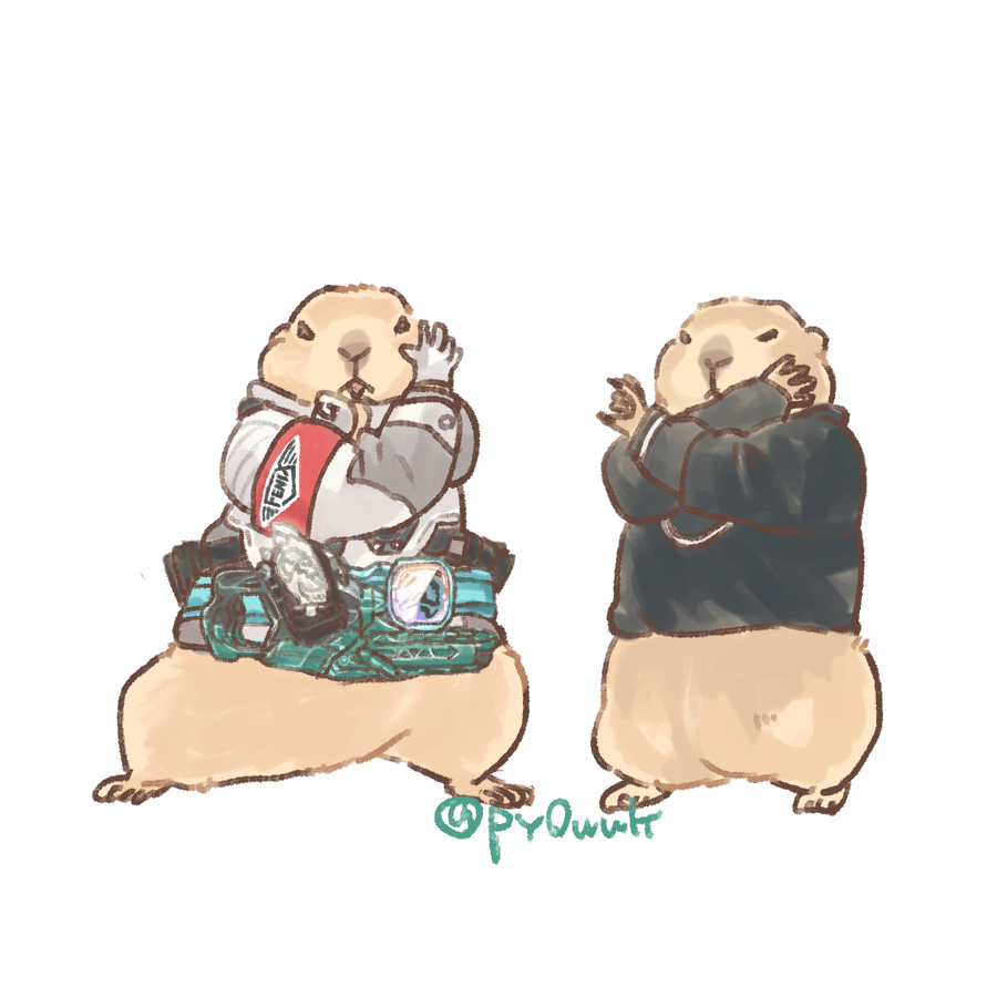 adk-em animal_focus armband bandai bandai_namco black_sweater body_fur brown_fur cosplay full_body henshin_pose igarashi_daiji igarashi_daiji_(cosplay) ishimori_prod jacket kagerou_(kamen_rider_revice) kagerou_(kamen_rider_revice)_(cosplay) kamen_rider kamen_rider_revice prairie_dog py0wwk red_armband rider_belt simple_background standing sweater toei_company tokusatsu tv_asahi two_sidriver white_background white_jacket