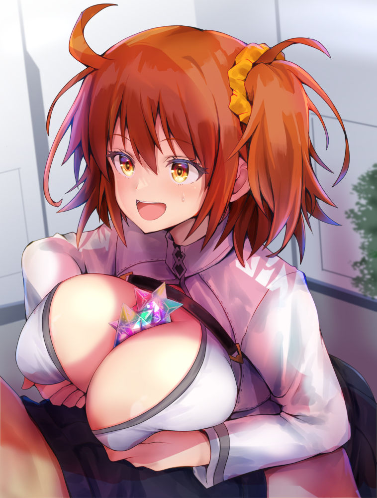 1boy 1girl ahoge asahi_(fullmetal_madness) blush breasts breasts_squeezed_together chaldea_uniform cleavage collared_shirt fate/grand_order fate_(series) fujimaru_ritsuka_(female) hair_ornament hair_scrunchie hetero large_breasts long_sleeves one_side_up open_mouth orange_eyes orange_hair orange_scrunchie paizuri saint_quartz_(fate) scrunchie shirt short_hair smile white_shirt