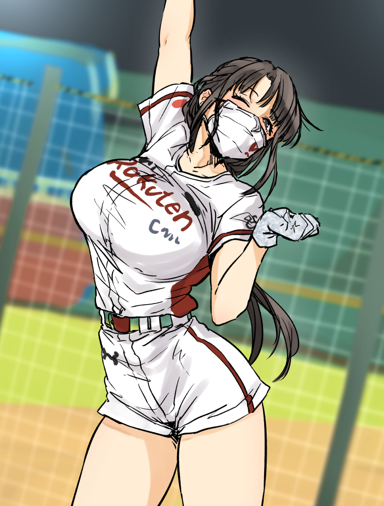 1girl arm_up belt blurry blurry_background blush brown_hair clothes_writing collarbone gloves gradient_clothes grey_eyes grey_gloves henriiku_(ahemaru) long_hair mask mouth_mask nippon_professional_baseball one_eye_closed original outdoors solo touhoku_rakuten_golden_eagles