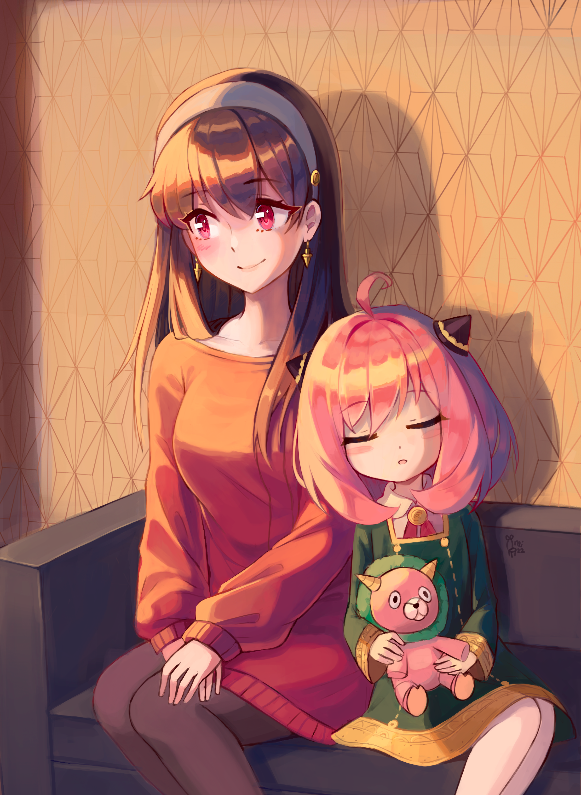 2girls absurdres ahoge anya_(spy_x_family) artist_name black_dress black_hair blush child closed_eyes commentary couch dress earrings eden_academy_school_uniform english_commentary hairband highres holding holding_stuffed_toy indoors jewelry long_hair mimichair mother_and_daughter multiple_girls on_couch pantyhose pink_hair red_eyes red_sweater school_uniform shadow short_hair sleeping spy_x_family stuffed_toy sweater sweater_dress white_hairband yor_briar