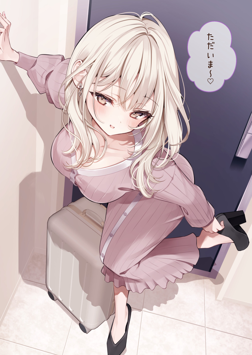 1girl black_shoes blonde_hair blush breasts brown_eyes buttons commentary_request dress earrings full_body high_heels highres jewelry leaning_forward long_dress long_hair long_sleeves looking_at_viewer medium_breasts open_mouth original pink_dress removing_shoes ribbed_dress shoes smile solo speech_bubble suitcase yugaa