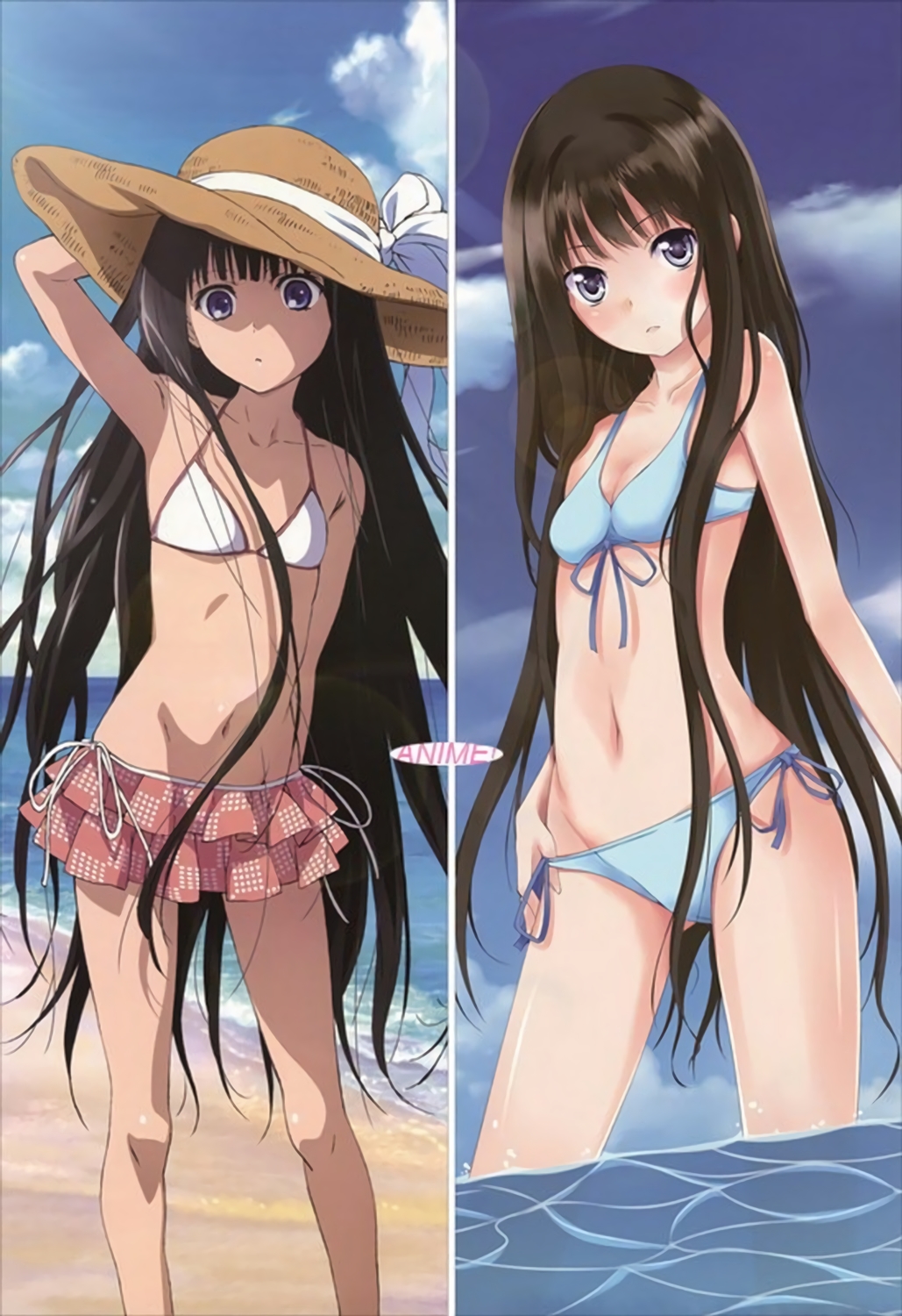 1girl arm_up beach bikini bikini_skirt black_eyes black_hair blue_bikini breasts brown_hair cleavage collarbone day flat_chest groin hat highres kami-sama_no_memo-chou kishida_mel long_hair looking_at_viewer multiple_views navel official_art outdoors purple_eyes ribbon scan shionji_yuuko side-tie_bikini_bottom small_breasts straw_hat swimsuit white_ribbon