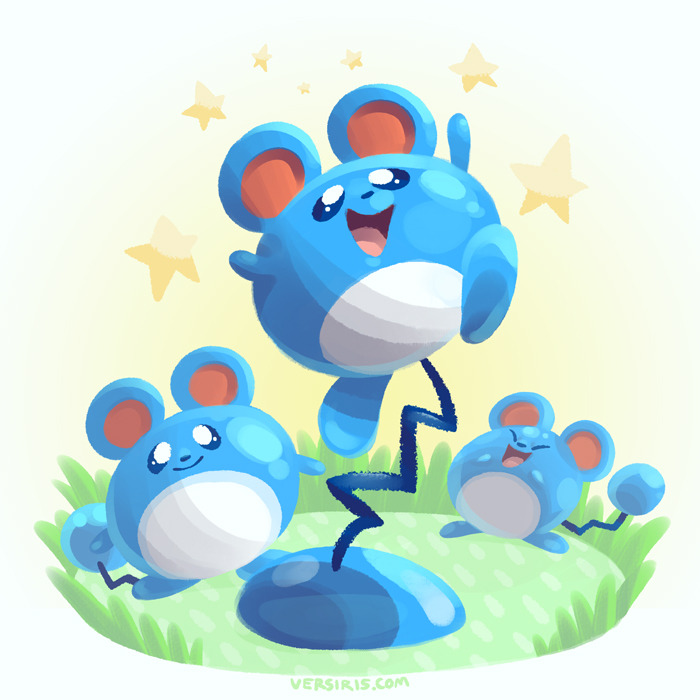 :d ^_^ closed_eyes closed_mouth commentary english_commentary full_body gen_2_pokemon grass looking_at_another marill nintendo no_humans open_mouth pokemon pokemon_(creature) smile star_(symbol) versiris