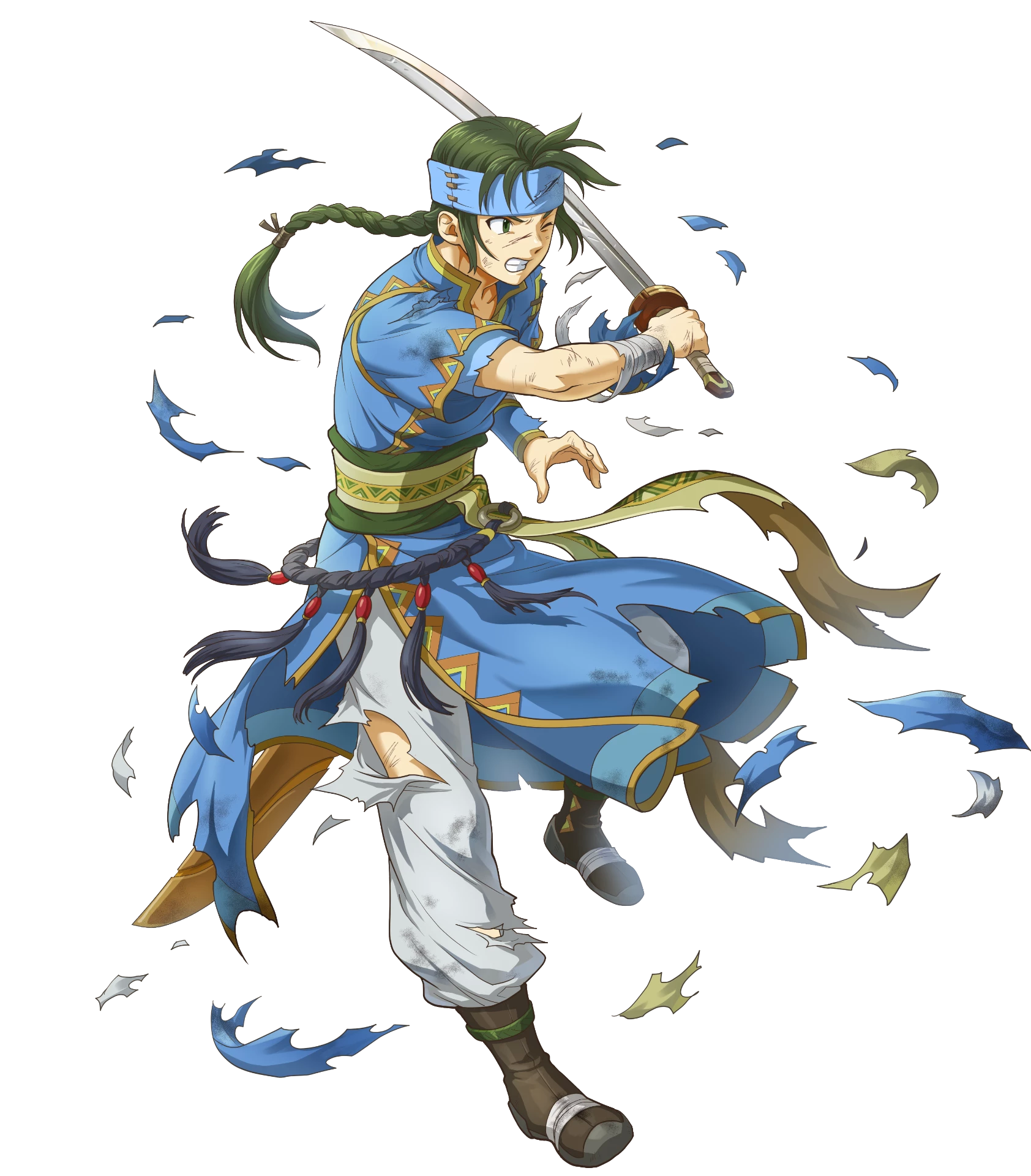 1boy bandages belt boots braid clenched_teeth fire_emblem fire_emblem:_the_blazing_blade fire_emblem_heroes full_body gold_trim green_eyes green_hair guy_(fire_emblem) headband highres holding holding_sword holding_weapon indesign leg_up long_hair looking_away male_focus nintendo non-web_source official_art one_eye_closed pants parted_lips pelvic_curtain short_sleeves single_braid solo sword teeth torn_clothes torn_pants transparent_background weapon