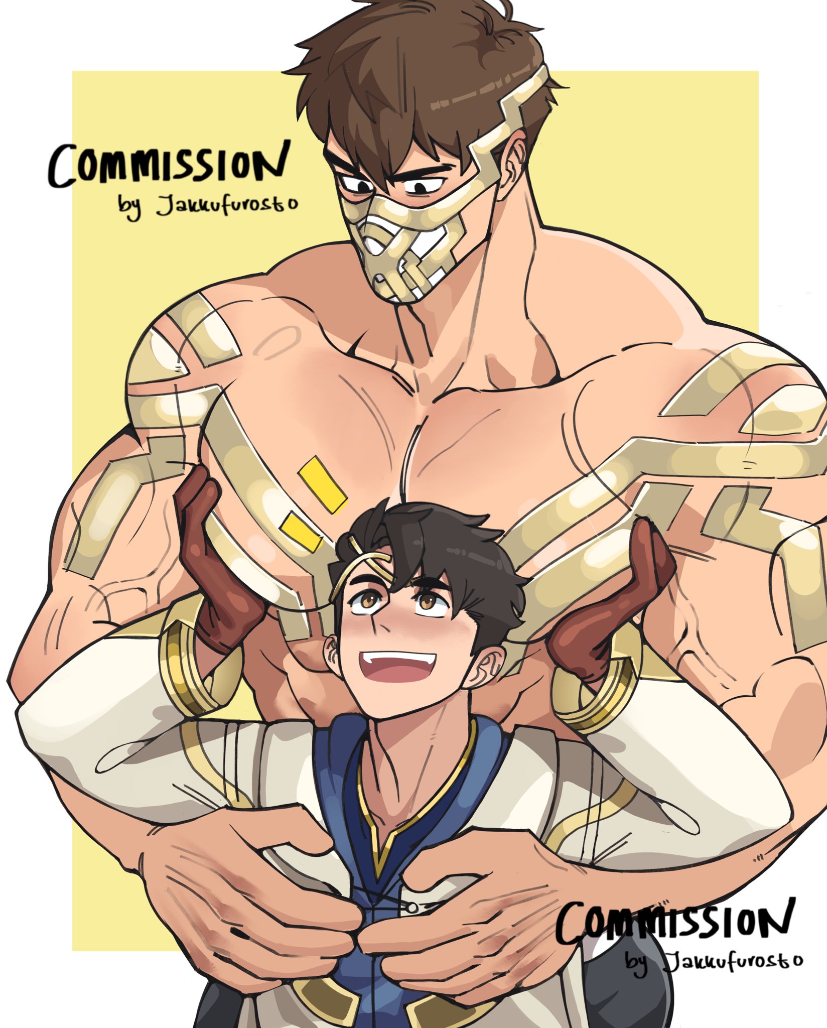 2boys bara bare_pectorals brown_hair commentary commission eikthyrnir_(fire_emblem) fire_emblem fire_emblem_heroes gloves height_difference highres huge_pectorals jakkufurosto kiran_(fire_emblem) male_kiran_(fire_emblem) male_focus mask mouth_mask multiple_boys muscular muscular_male nintendo pectorals short_hair simple_background twitter_username veins veiny_arms yaoi