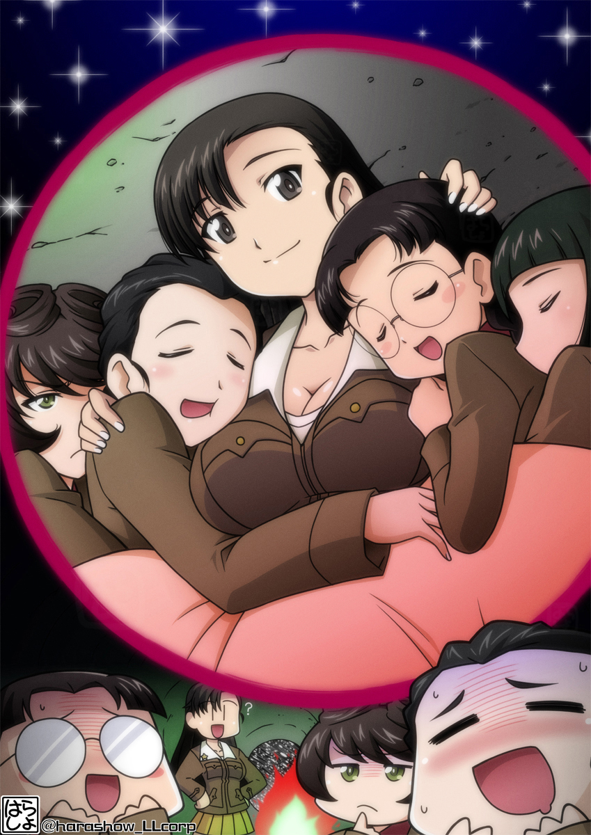 5girls ? arm_around_shoulder artist_logo asymmetrical_bangs black_eyes black_hair blunt_bangs bob_cut brown_hair brown_jacket chi-hatan_military_uniform closed_mouth commentary_request finger_to_face fukuda_haru girl_sandwich girls_und_panzer glasses gloom_(expression) green_eyes hair_pulled_back hair_rings hand_on_another&#039;s_head hands_on_own_hips harada_shoutarou hasegawa_tatsu highres hosomi_shizuko jacket logo long_sleeves looking_at_viewer lying multiple_girls nervous_sweating nishi_kinuyo nishihara_yasoko on_back on_side opaque_glasses pleated_skirt rimless_eyewear round_eyewear saliva sandwiched short_hair skirt sleeping smile standing sweat textless_version twitter_username under_covers yellow_skirt