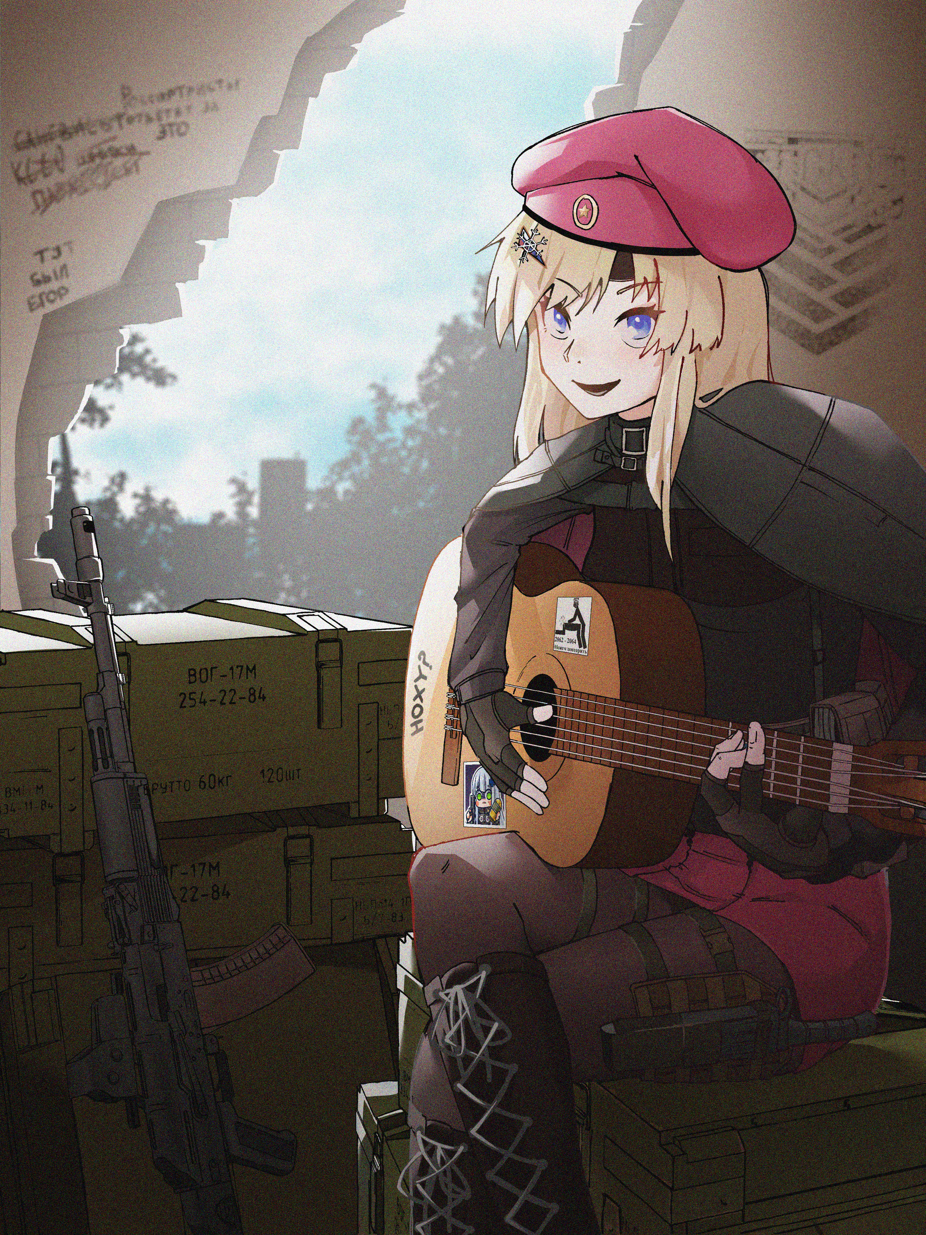 1girl absurdres acoustic_guitar ak-74m ak74m_(girls'_frontline) assault_rifle beret black_boots black_capelet black_gloves blonde_hair blue_eyes blue_sky boots box broken_wall capelet cloud cloudy_sky commission commissioner_upload crossed_legs fingerless_gloves flag_hair_ornament girls'_frontline gloves graffiti guitar gun hair_ornament hat highres hk416_(girls'_frontline) instrument ixyfog kalashnikov_rifle knife lace-up_boots long_hair looking_at_viewer non-web_source on_box open_mouth playing_guitar playing_instrument red_hat red_skirt rifle russian_flag russian_text sheath sheathed sitting sitting_on_box skirt sky snowflake_hair_ornament solo sticker textless_version translated weapon weapon_case