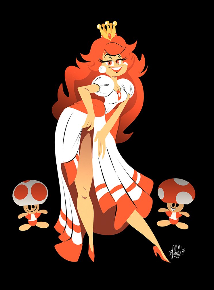 1girl 2024 2boys artist_name bare_legs black_background breasts chest_jewel cleavage clothes_lift collarbone colored_skin commentary contrapposto crown dirk_erik_schulz dress dress_lift earrings elbow_gloves english_commentary gloves gold grin high_heels jewelry jitome long_hair mario_(series) medium_breasts multiple_boys mushroom narrow_waist nintendo official_alternate_color official_alternate_costume princess_peach princess_toadstool_redraw_(meme) puffy_short_sleeves puffy_sleeves red_eyes red_hair red_lips red_shoes shoes short_sleeves simple_background size_difference smile super_mario_bros._1 teasing the_adventures_of_super_mario_bros._3 toad_(mario) very_long_hair white_dress white_gloves