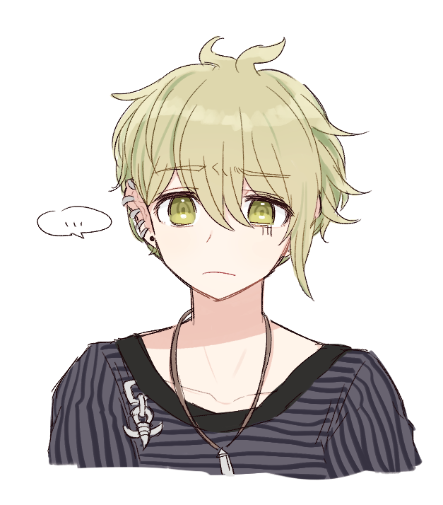 1boy ahoge amami_rantaro antenna_hair danganronpa_(series) danganronpa_v3:_killing_harmony eyebrows fc green_eyes green_hair hair_between_eyes jewelry male_focus matching_hair/eyes necklace piercing portrait shirt short_hair simple_background solo striped_clothes striped_shirt white_background