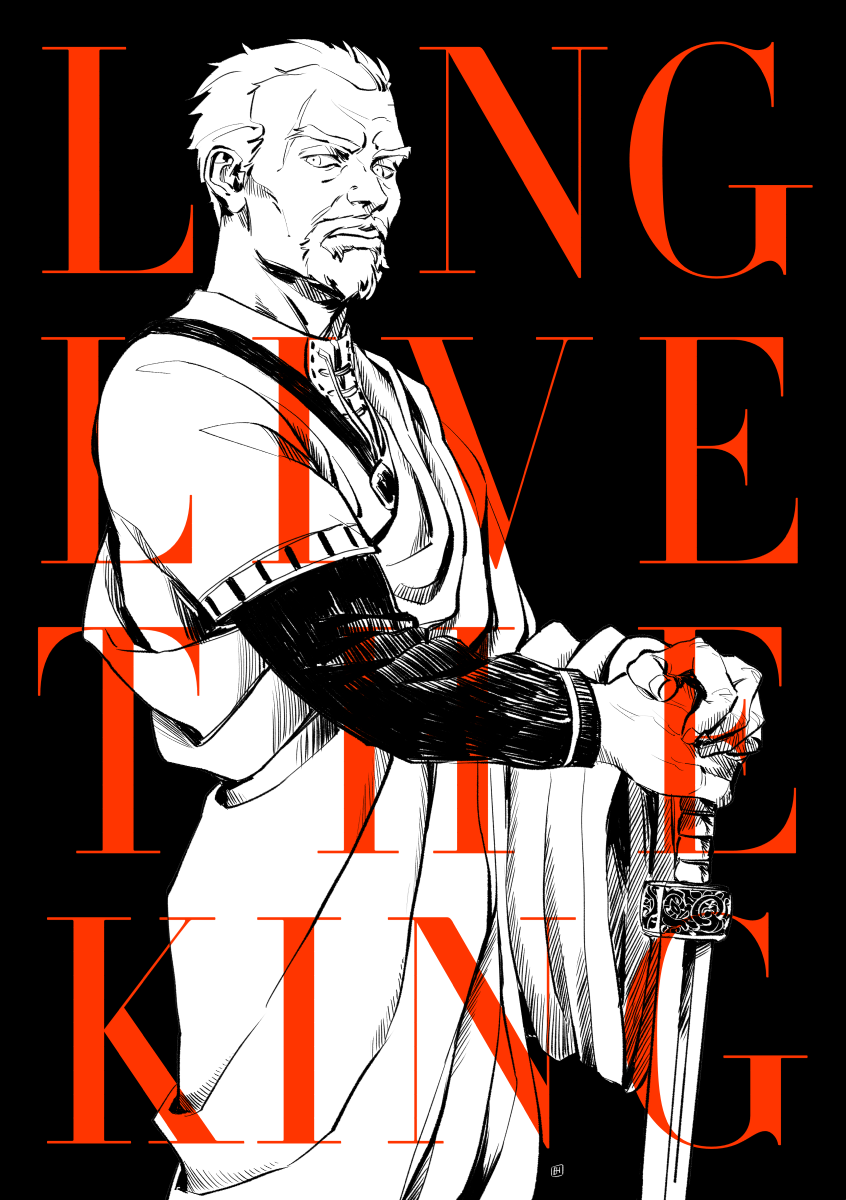1boy askeladd bad_id bad_tumblr_id blonde_hair facial_hair feet_out_of_frame goatee greyscale highres looking_at_viewer male_focus mature_male monochrome mustache own_hands_together planted planted_sword planted_weapon receding_hairline short_hair solo spot_color standing sword text_focus the-efaf-draws thick_eyebrows third-party_source vinland_saga weapon