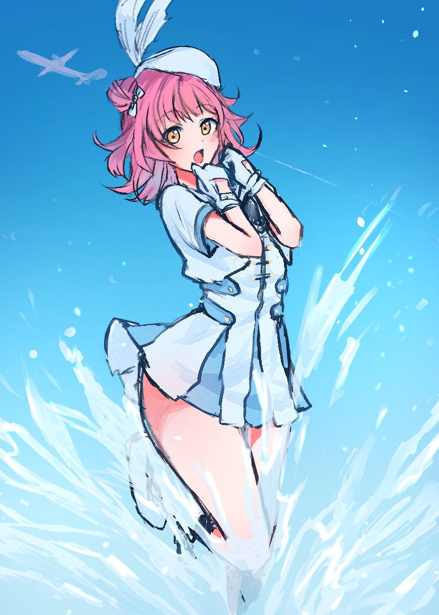 1girl aircraft airplane blue_sky blunt_bangs blunt_ends blush boots commentary dress foot_out_of_frame hair_bun hands_up highres jacket jet_airliner kishimen_hair love_live! love_live!_nijigasaki_high_school_idol_club love_live!_school_idol_project love_live!_series_asia_tour_2024 medium_hair nekofumiman open_clothes open_jacket open_mouth pink_hair pleated_dress short-sleeved_jacket short_dress short_sleeves single_side_bun sky solo tennoji_rina water white_boots white_dress white_jacket wonderful_rush yellow_eyes