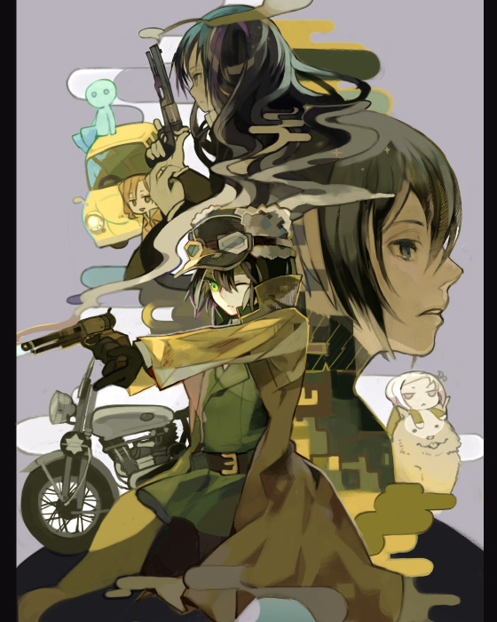 00s 2boys 3girls aiming androgynous animal artist_request belt black_eyes black_hair brimmed_hat car chibi dog expressionless fur goggles green_eyes gun handgun hat hermes_(kino_no_tabi) kino_(kino_no_tabi) kino_no_tabi long_coat long_hair looking_at_viewer looking_away master_(kino_no_tabi) motor_vehicle motorad motorcycle multiple_boys multiple_girls partner_(kino_no_tabi) revolver riku_(kino_no_tabi) shizu_(kino_no_tabi) short_hair smile smoke tagme tea_(kino_no_tabi) weapon