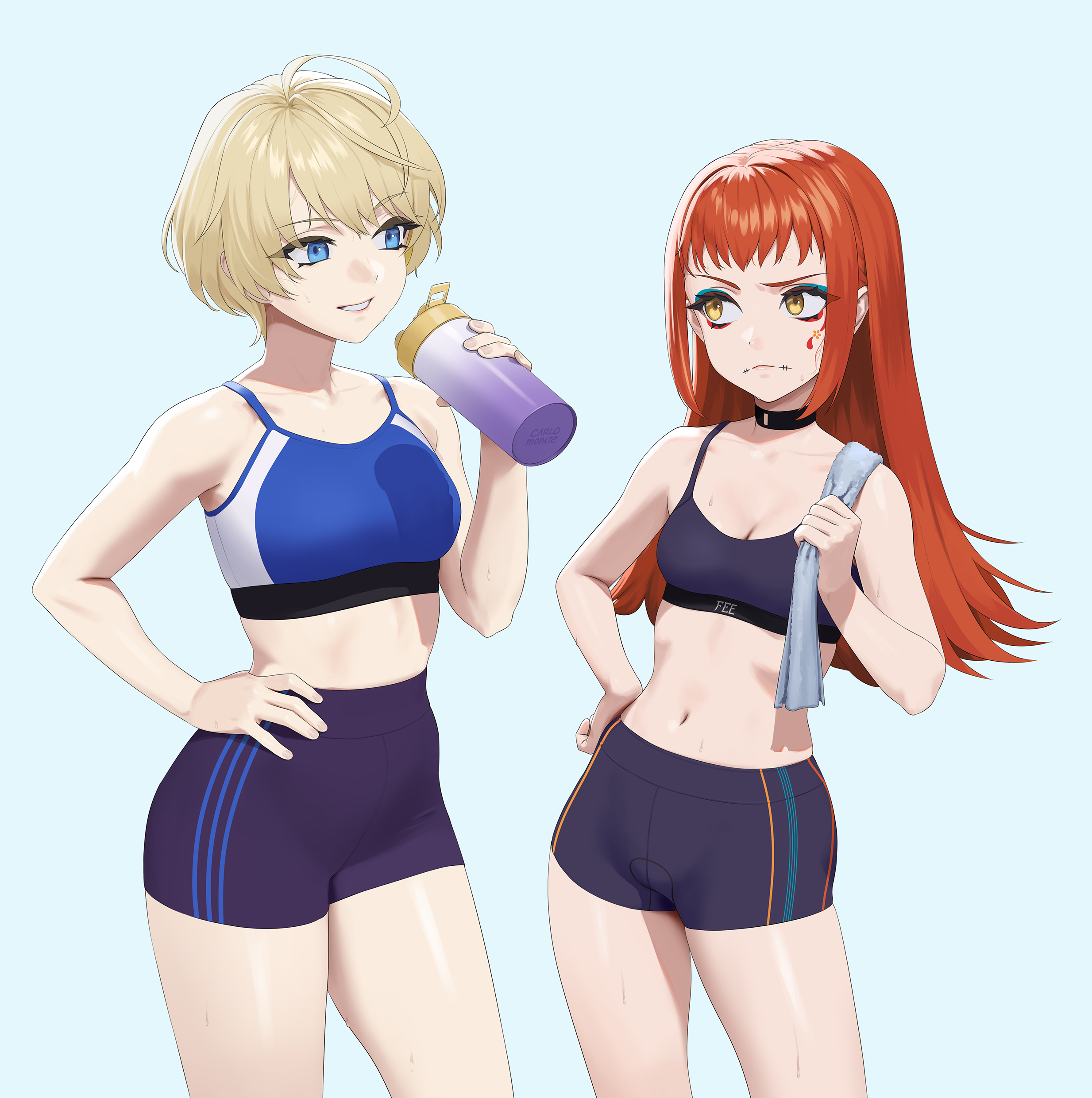 2girls absurdres ahoge bare_arms bare_shoulders bike_shorts black_choker black_shorts black_sports_bra blonde_hair blue_eyes blue_sports_bra bottle breasts carlo_montie choker cleavage closed_mouth collarbone commission contemporary cowboy_shot eye_contact eyeshadow facepaint fire_emblem fire_emblem_engage hand_on_own_hip highres holding holding_bottle long_hair looking_at_another makeup medium_breasts merrin_(fire_emblem) multiple_girls navel nintendo panette_(fire_emblem) parted_lips red_hair shorts simple_background small_breasts smile sports_bra sweat towel_on_one_shoulder v-shaped_eyebrows white_background yellow_eyes