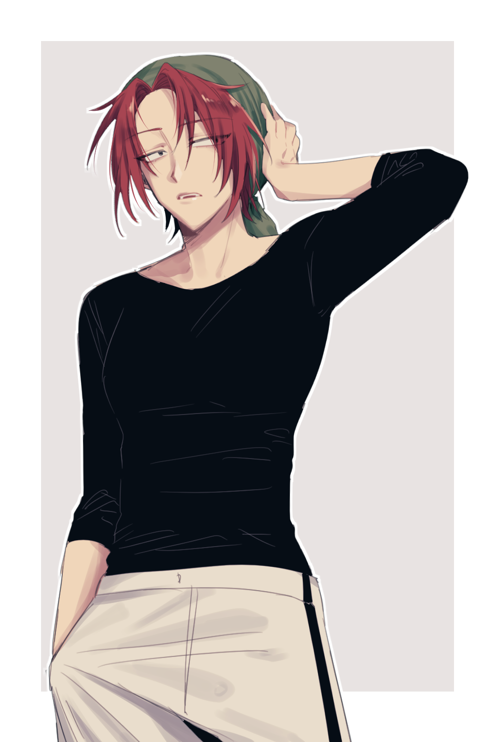 1girl annie_(saibou_shinkyoku) bandana black_shirt breasts commentary_request cowboy_shot eyes_visible_through_hair green_bandana hand_in_pocket hand_on_own_head highres korean_commentary long_sleeves medium_breasts mometsu_033 open_mouth pants parted_bangs red_hair saibou_shinkyoku sanpaku shirt short_hair sweatpants tight_clothes tight_shirt white_pants