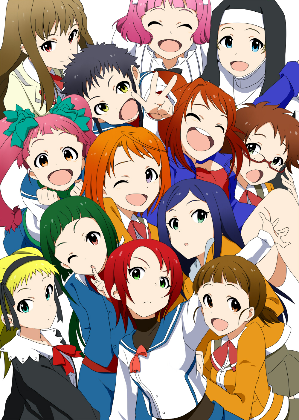 6+girls alyssa_searrs bad_id bad_pixiv_id fujino_shizuru glasses highres higurashi_akane himeno_fumi idolmaster kikukawa_yukino kuga_natsuki minagi_mikoto multiple_girls munakata_shiho my-hime nun okuzaki_akira one_eye_closed parody sanada_yukariko sasamaru_chimaki smile style_parody sugiura_midori tokiha_mai v wink yuuki_nao